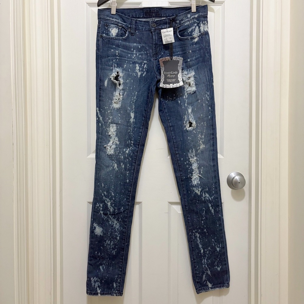 NEW Bebe Carmen Low Rise Skinny Jeans Sz 29 Vtg Y2K Distressed Mesh Rhinestone